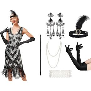1920s Flapper Accessory Set - Gatsby Costume Feather Headband Earrings Gloves for Women (Pack of 6)
