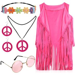70s Outfit for Women, Hippie Costume Set Including Sleeveless Fringed Tank Top, Earrings, Necklace, Headband