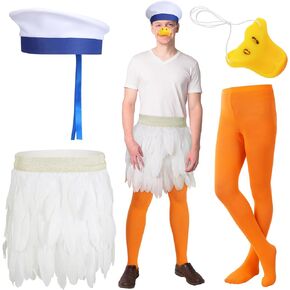 4 Pcs Halloween Duck Costume Adult Set Include Real Natural Feather Skirt Duck Nose Mask Retro Sailor Hat Solid Colored Opaque Microfiber Footed Tights for Women Men Cosplay