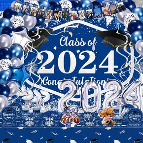 Graduation Decorations Class Of 2024, 231PCS Party Decorations, Graduation Decorations with Backdrop balloons Paper Plate Cup Napkin Cutlery Tablecloth Balloon Garland (Blue and Silver)