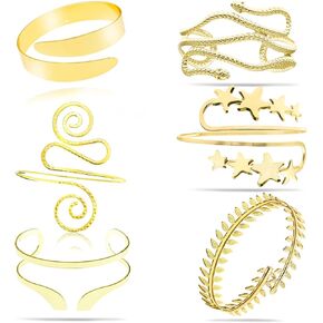 RechicGu 6 Pieces Arm Bracelet Cuff for Women Star Arm Bands Gold Upper Armband Leaf Armlet Wide Band Bangle Adjustable Jewelry Set for Summer Beach