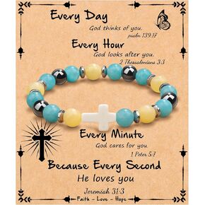 JoycuFF Christian Gifts Cross Bracelet for Women Girls, Faith Easter Catholic Religious Christian Jewelry, Meaningful Baptism Communion Natural Beads Bracelets
