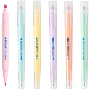SUGARCOLOR Mild Color Highlighter, Dual-Tips Highlighter, Chisel Tip and Fineliner Tip Marker,6 Assorted Highlighter, 6-Count (Double Ended)