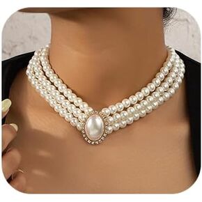 Denifery Boho 3 Tier Dainty Rhinestones Pearls Chunky Short 1920s Choker Necklace Chain Multilayer Choker Pendant Necklaces Prom Party for Women and Girls