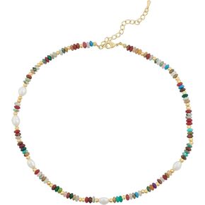 Multi-Colored Stone Beads Freshwater Pearls Strand Necklace for Women & Girls Bohemia Boho Gemstone Choker