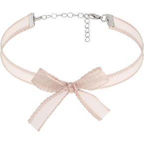 Pink Chiffon Bow Kawaii Coquette Choker Necklace Jewelry for Women, Romantic Gifts for Women Trendy Stuff for Teen Girls In Their Her 20s, Simple Pastel Bow Necklaces Aesthetic Accessories