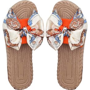 OYOANGLE Women's Bow Decor Slide Sandals Outdoor Flat Sandals Vacation Summer Open Toe Single Band Slip on Slide Sandal