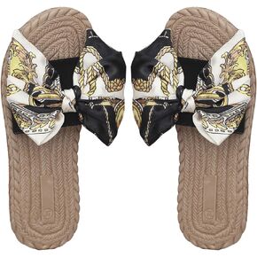 OYOANGLE Women's Bow Decor Slide Sandals Outdoor Flat Sandals Vacation Summer Open Toe Single Band Slip on Slide Sandal