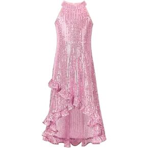 WELAKEN Girls Sequin Dress for Kids Sparkly Halter Neck Sleeveless Casual Party Wedding Twirl Dresses