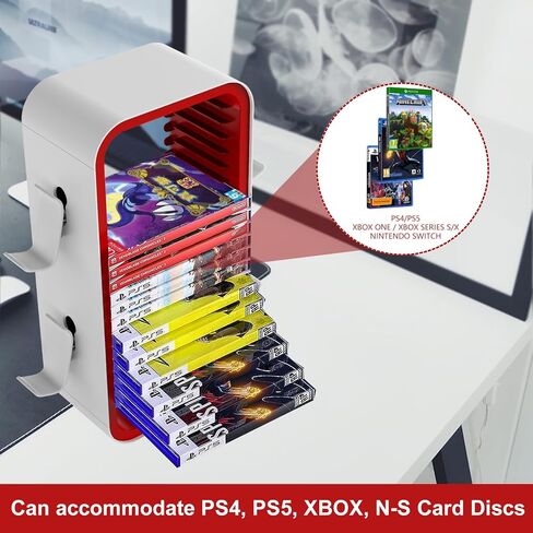 wigmoa Game Storage Tower【15.8INCH】 Compatible with PS5/ Xbox Series S & X/Switch, Universal Video Games Discs Organizers 18 PCS with 4 Controllers Holder, Game Disk Rack Shelf. OYO-1 (White/Blue) in Kuwait