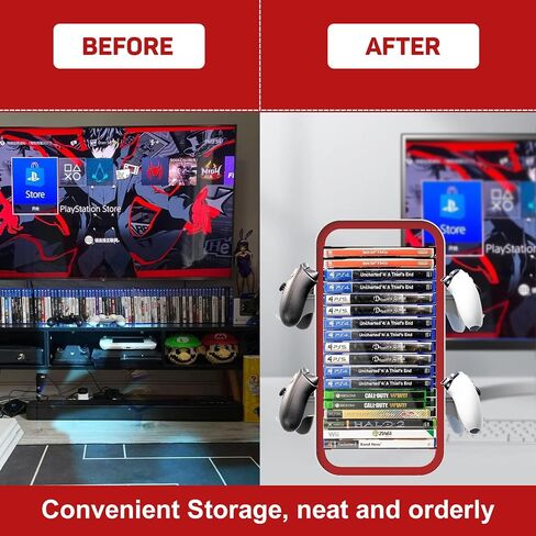 wigmoa Game Storage Tower【15.8INCH】 Compatible with PS5/ Xbox Series S & X/Switch, Universal Video Games Discs Organizers 18 PCS with 4 Controllers Holder, Game Disk Rack Shelf. OYO-1 (White/Blue) in Kuwait