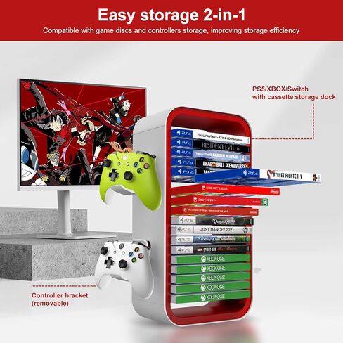 wigmoa Game Storage Tower【15.8INCH】 Compatible with PS5/ Xbox Series S & X/Switch, Universal Video Games Discs Organizers 18 PCS with 4 Controllers Holder, Game Disk Rack Shelf. OYO-1 (White/Blue) in Kuwait