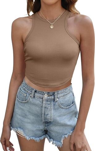 SAMPEEL Womens Sleeveless High Neck Crop Tops Racerback Workout Tank Top Summer Clothes in Saudi Arabia