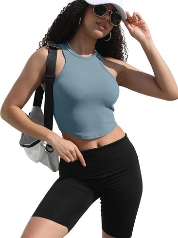 SAMPEEL Womens Sleeveless High Neck Crop Tops Racerback Workout Tank Top Summer Clothes in Saudi Arabia