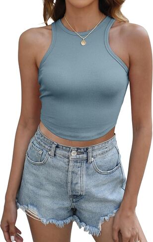 SAMPEEL Womens Sleeveless High Neck Crop Tops Racerback Workout Tank Top Summer Clothes in Saudi Arabia
