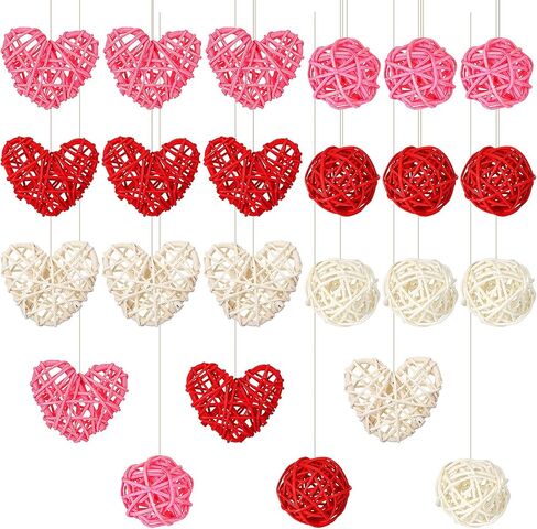 24 Pieces Valentine's Day Wicker Rattan Balls Include 12 Pieces Heart Shaped Rattan and 12 Pieces Wicker Rattan Balls for Valentine's Day Decoration Crafts Christmas Tree Hanging, Pink, Red, White in Saudi Arabia