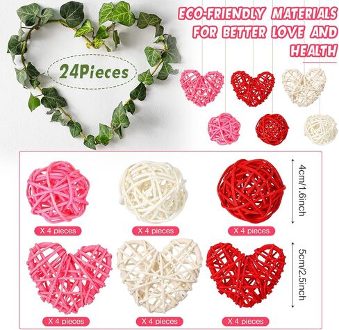 24 Pieces Valentine's Day Wicker Rattan Balls Include 12 Pieces Heart Shaped Rattan and 12 Pieces Wicker Rattan Balls for Valentine's Day Decoration Crafts Christmas Tree Hanging, Pink, Red, White in Saudi Arabia