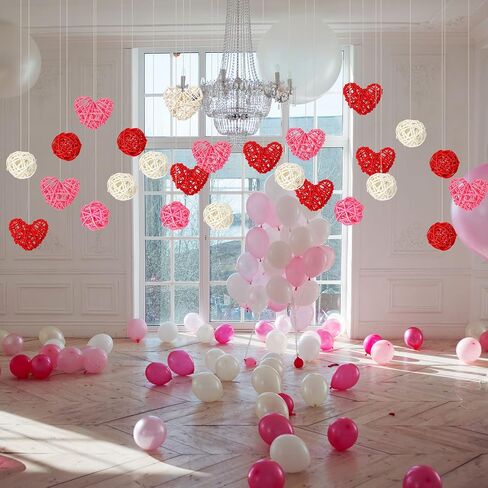 24 Pieces Valentine's Day Wicker Rattan Balls Include 12 Pieces Heart Shaped Rattan and 12 Pieces Wicker Rattan Balls for Valentine's Day Decoration Crafts Christmas Tree Hanging, Pink, Red, White in Saudi Arabia
