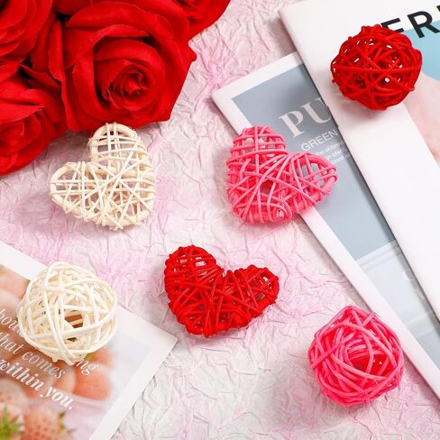 24 Pieces Valentine's Day Wicker Rattan Balls Include 12 Pieces Heart Shaped Rattan and 12 Pieces Wicker Rattan Balls for Valentine's Day Decoration Crafts Christmas Tree Hanging, Pink, Red, White in Saudi Arabia