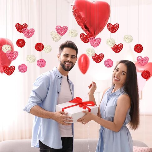 24 Pieces Valentine's Day Wicker Rattan Balls Include 12 Pieces Heart Shaped Rattan and 12 Pieces Wicker Rattan Balls for Valentine's Day Decoration Crafts Christmas Tree Hanging, Pink, Red, White in Saudi Arabia