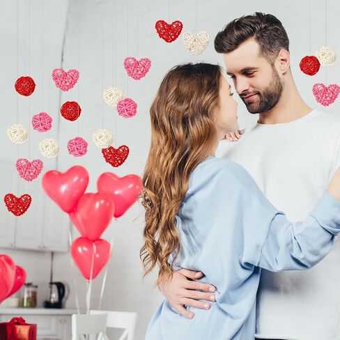 24 Pieces Valentine's Day Wicker Rattan Balls Include 12 Pieces Heart Shaped Rattan and 12 Pieces Wicker Rattan Balls for Valentine's Day Decoration Crafts Christmas Tree Hanging, Pink, Red, White in Saudi Arabia