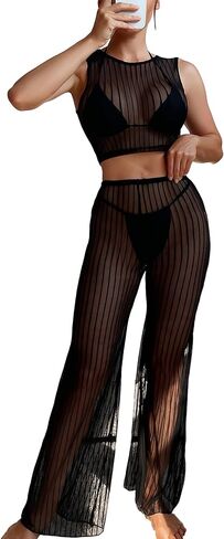 COZYEASE Women's Plain 2 Piece Bikini Cover Up Striped Mesh Sleeveless Crop Top Pants Set in Saudi Arabia