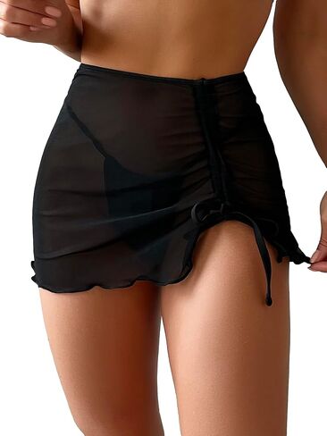 Verdusa Women's Drawstring Front Sheer Mesh Swimsuit Bikini Cover Up Skirt in Saudi Arabia