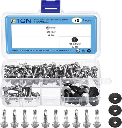70 قطعة #10x3/4 بوصة براغي ذات رأس غسالة سداسية الحفر مع مجموعة غسالة EPDM M4.8x14mm - تشكيلة براغي معدنية من الصفائح المعدنية ذاتية التنصت من الفولاذ المقاوم للصدأ 410 - جيدة للمعادن in Kuwait