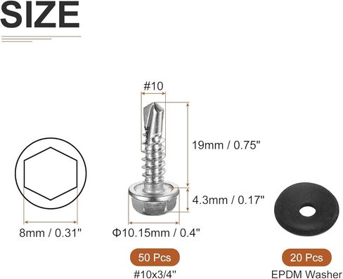 70 قطعة #10x3/4 بوصة براغي ذات رأس غسالة سداسية الحفر مع مجموعة غسالة EPDM M4.8x14mm - تشكيلة براغي معدنية من الصفائح المعدنية ذاتية التنصت من الفولاذ المقاوم للصدأ 410 - جيدة للمعادن in Kuwait