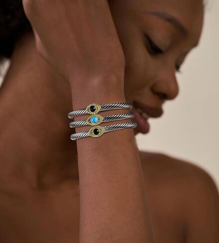 Cable Bracelet for Women, Fashion Evil Eye Turquoise Two Tone Cuff Bracelet Mixed Metal Dupes Adjustable Bracelet Jewelry Gifts for Her in Saudi Arabia