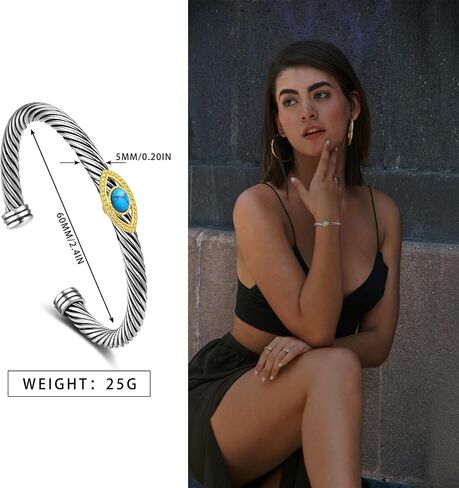 Cable Bracelet for Women, Fashion Evil Eye Turquoise Two Tone Cuff Bracelet Mixed Metal Dupes Adjustable Bracelet Jewelry Gifts for Her in Saudi Arabia