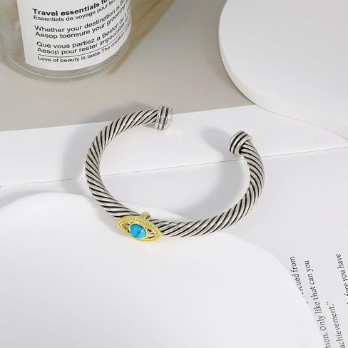 Cable Bracelet for Women, Fashion Evil Eye Turquoise Two Tone Cuff Bracelet Mixed Metal Dupes Adjustable Bracelet Jewelry Gifts for Her in Saudi Arabia