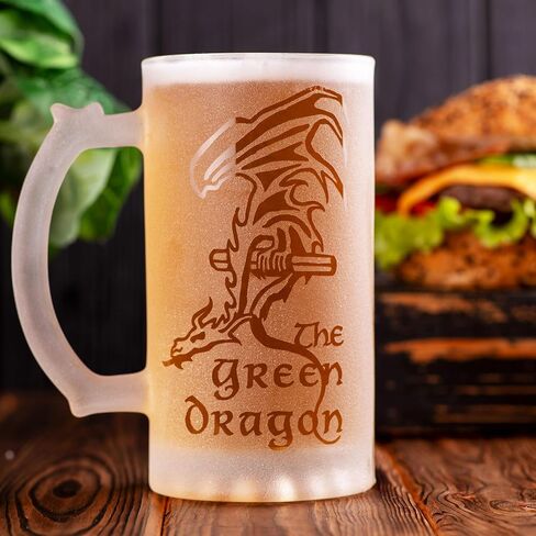 Green Dragon Sandblasted Glass Beer Stein, 17 oz, Lord Frozen Glass, Gift For Him, Gamer Gifts, Beer Mug Glass, Fantasy Beer Tankard, Groomsmen Gift, Gift Ideas For Men, Gift For Dad in Saudi Arabia