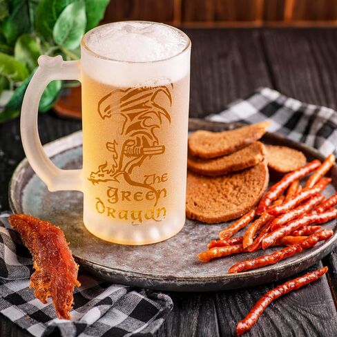 Green Dragon Sandblasted Glass Beer Stein, 17 oz, Lord Frozen Glass, Gift For Him, Gamer Gifts, Beer Mug Glass, Fantasy Beer Tankard, Groomsmen Gift, Gift Ideas For Men, Gift For Dad in Saudi Arabia