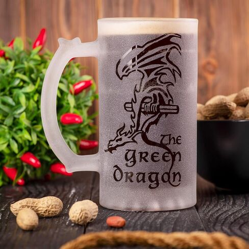 Green Dragon Sandblasted Glass Beer Stein, 17 oz, Lord Frozen Glass, Gift For Him, Gamer Gifts, Beer Mug Glass, Fantasy Beer Tankard, Groomsmen Gift, Gift Ideas For Men, Gift For Dad in Saudi Arabia