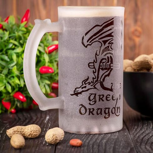Green Dragon Sandblasted Glass Beer Stein, 17 oz, Lord Frozen Glass, Gift For Him, Gamer Gifts, Beer Mug Glass, Fantasy Beer Tankard, Groomsmen Gift, Gift Ideas For Men, Gift For Dad in Saudi Arabia
