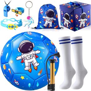 Size 3 Soccer Ball for Boys Glitter Astronaut Soccer Ball Gifts Set with Box Pump Drawstring Bag Socks Whistle Rings Keychain Hand Strap Indoor Outdoor Toys Ball Games