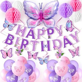 Butterfly Party Decorations, Girls Birthday Themes Decorations with Happy Birthday Banner,Honeycomb Balls,Spiral Pendant,Big Butterfly Foil Mylar Balloons for Girls Women Butterfly Birthday Decor