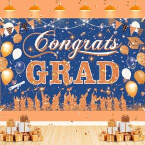 Blue Orange Graduation Decoration Banner, Blue Orange Congrats Grad Banner 2024 Blue Orange Graduation Party Banner for Class of 2024 High School College Graduation Party 70.8x43.3 inch