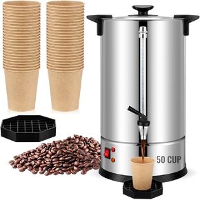 VIHOSE Commercial Coffee Maker Stainless Steel Electric Coffee Urns with 5oz Paper Cups and Coffee Drip Trays Hot Water Large Coffee Dispenser for Catering Restaurant Home Party (50 Cup/ 10 L)