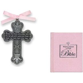 مجموعة هدايا للفتيات الصغيرات - الكتاب المقدس الأول الصغير وصليب سرير الأطفال - بارك هذا الطفل - شريط وردي معمّد للتعميد in Kuwait