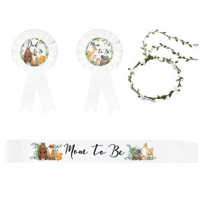 4 PCS Baby Shower Sash for Mom to Be Corsage with Sage Green Leaf Crown Dad to Be Corsage Set Woodland Theme Baby Shower Party Favors for Gender Reveal (White Flower) Baby Shower Sash, Mom to Be & Dad