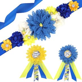 JOYMEMO Yellow Lemon Baby Shower Maternity Sash Kit, Lemonade Baby Shower Belly Belt and Mom to Be & Dad to Be Corsage Pins, Pregnancy Sash New Parents Photo Props Party Supplies
