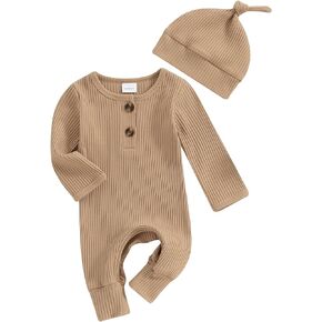 SHIBAOZI Newborn Clothes Set Infant Baby Boys Girls Romper Hat Ribbed Knit Long Sleeve Button Solid Bodysuit Jumpsuit