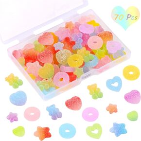 70 Pcs Mixed Candy Charms Soft Jelly Sugar Resin Flatback Beads Pendants Mini Assorted Jelly Buttons Heart Star Candy Bear Doughnut Shaped Charm with Box for DIY Crafts Phone Case Nail Art