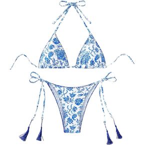 Verdusa Women's Tassel Tie Side Triangle Bikini Sets Floral Print 2 Piece Bathing Suit