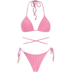 VOLAFA المرأة مثلث بيكيني مجموعات سلسلة ملابس السباحة الصلبة وركس التعادل لامع البريق الرسن قطعتين ثوب السباحة in Kuwait