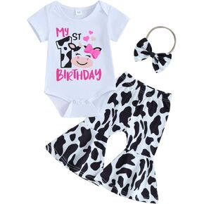 Baby Girls Birthday Outfits My 1st Birthday Romper Cow Tops Bell Bottoms Headband 3pcs Newborn Summer Clothes Sets