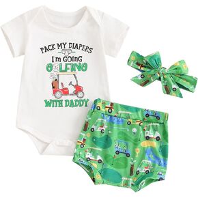 Infant Baby Girl Golf Outfit Short Sleeve Daddy's Future Golfing Buddy Romper and Shorts 3Pcs Summer Golf Clothes