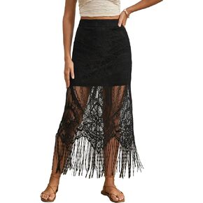 WDIRARA Women's Boho Solid Fringe Hem Lace See Through High Waisted Casual Overlay Long Skirt